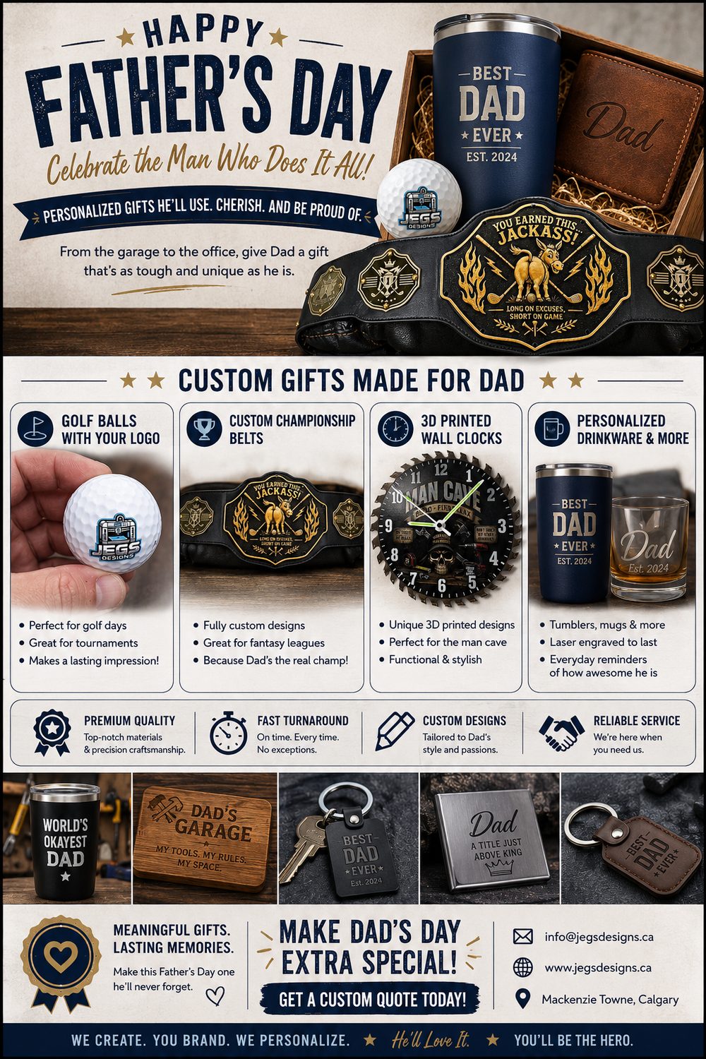 JEG's Designs Father's Day gift guide — custom drinkware, championship belts, 3D printed clocks, logo golf balls and engraved keychains