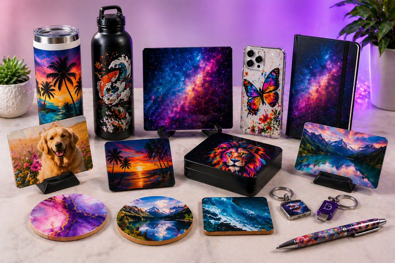 UV printed products — tumblers, coasters, phone cases, keychains, pens and more